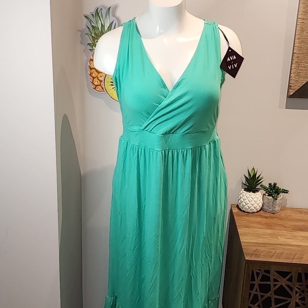 Ava & Viv - Women's V-Neck A-Line Maxi Dress in Aqua Green - Picture 3 of 11